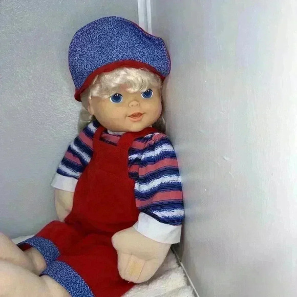 1997 Cititoy Bashful Kids Doll 22 Inch Blonde Girl Red Overalls Blue Eyes - Picture 2 of 13